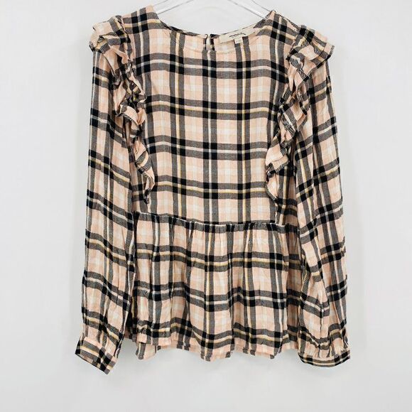 LOFT Tops - LOFT Size Medium Pink & Black Plaid Ruffled Long Sleeve Keyhole Back Top